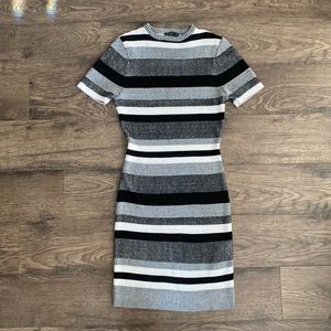 Striped Ribbed Bodycon Dress | Black, White & Gray Short Sleeve Stretchy Knit
